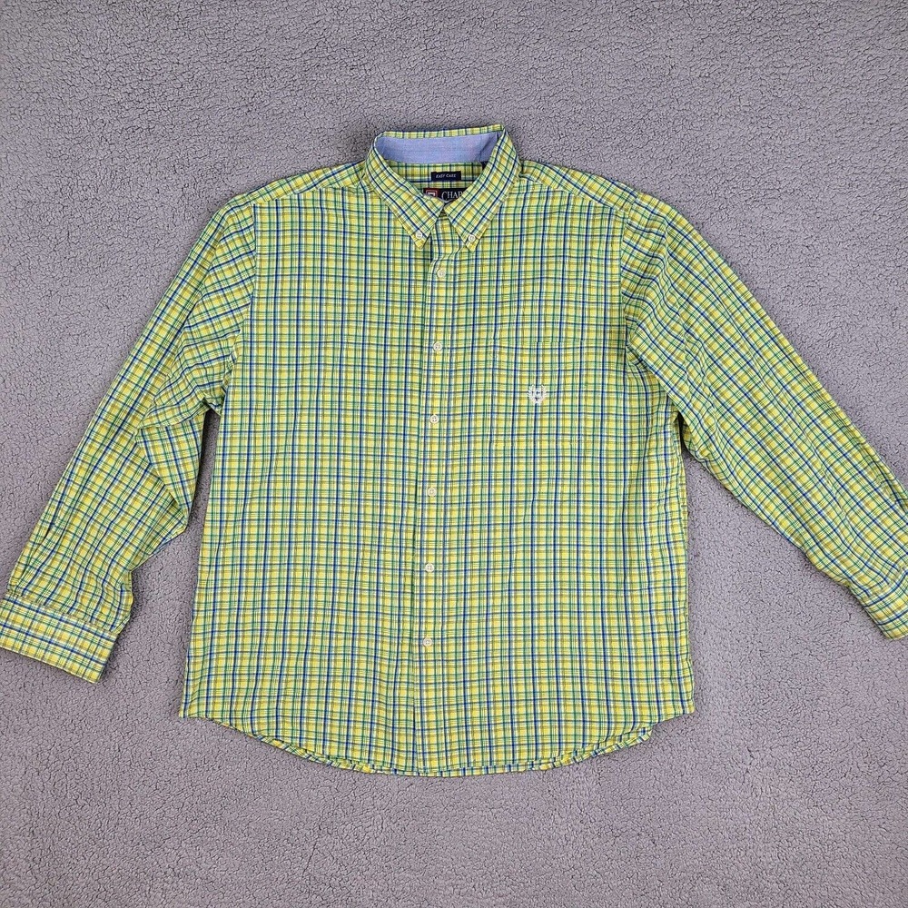 Chaps Shirt Men's XL Yellow Blue Plaid Easy Care Button Down‎ Long Sleeve A1